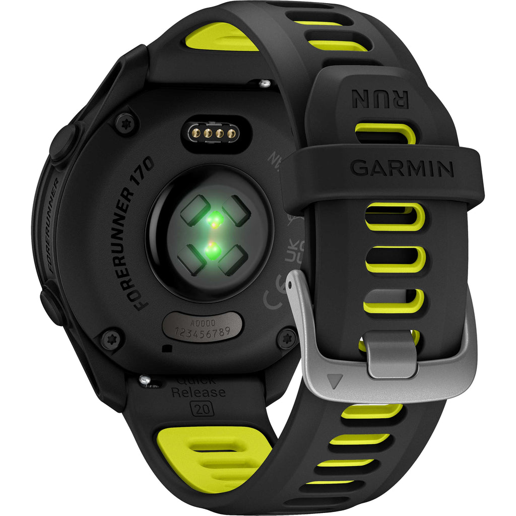 Garmin Forerunner 170 Music Schwarz – GPS-Laufuhr mit Musik, AMOLED-Display & 20 mm  Quick Release Amp Yellow